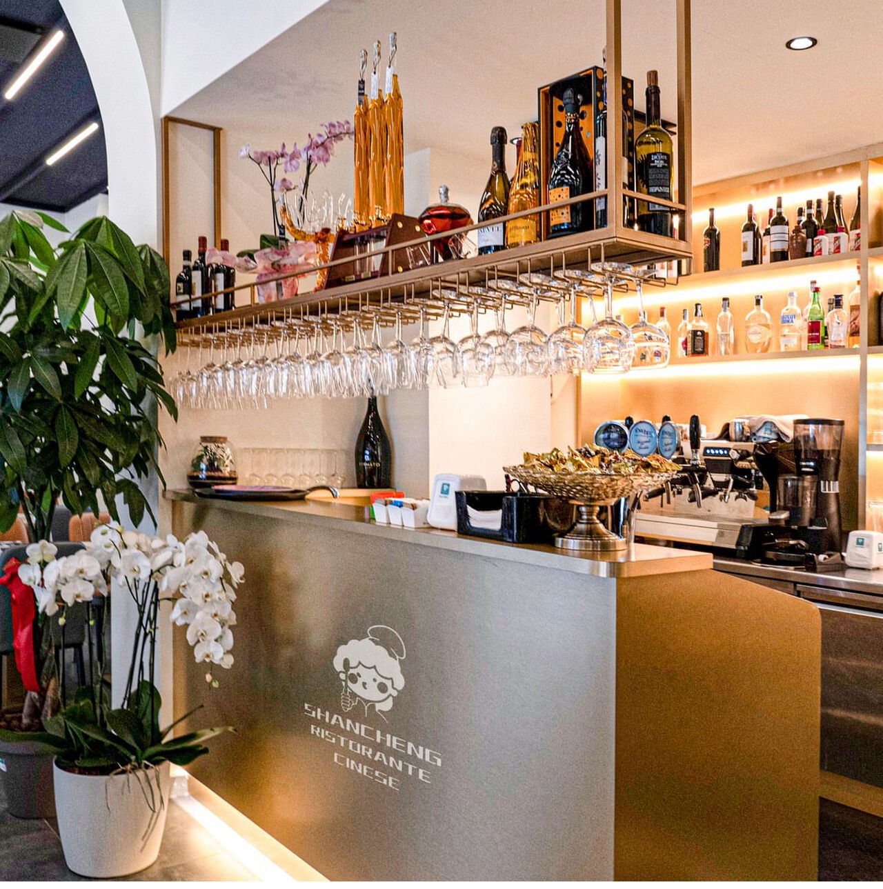 The bar counter with bottles, hanging glassware and a white orchid.